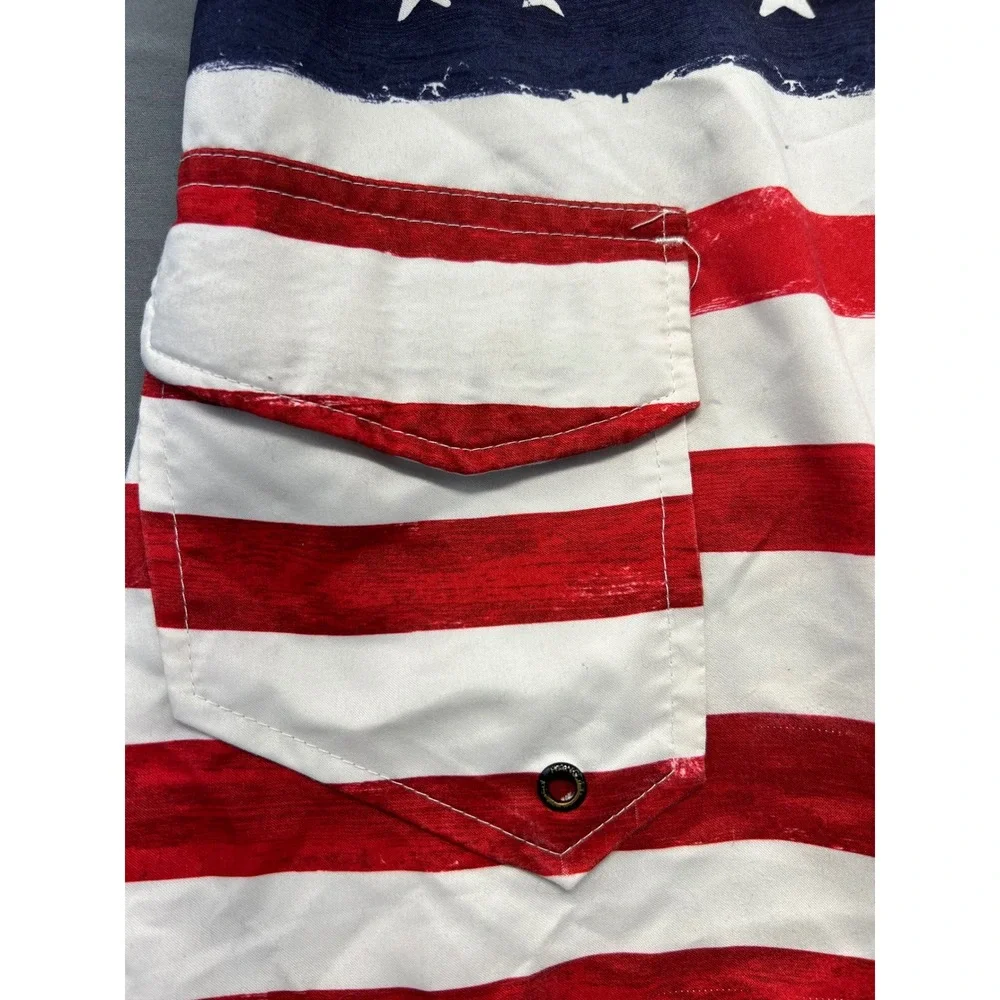 Hang Ten Board Shorts Mens Large Red White Blue Good American Flag Swim Trunks